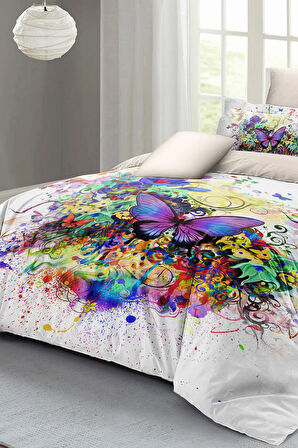 Neonlu Fosforlu Nevresim Takımı (LASTİKLİ ÇARŞAFLI) Çift Kişilik %100 Pamuk Saten Butterfly Dreams