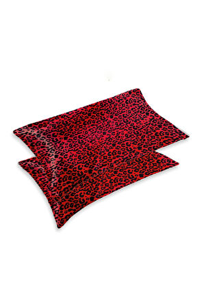 İpek Saten Yastık Kılıfı 2 Adet 50x70cm 2 Adet Saten Tokalı Red Leopar