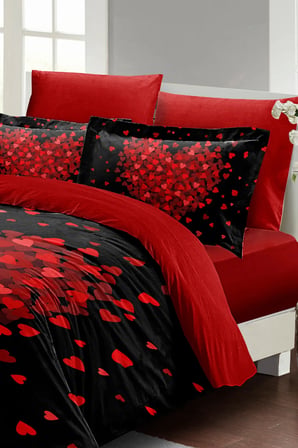 Sevgililer Günü Lastikli Çarşaflı Pamuk Saten Çift Kişilik Kalpli Nevresim Heart Black
