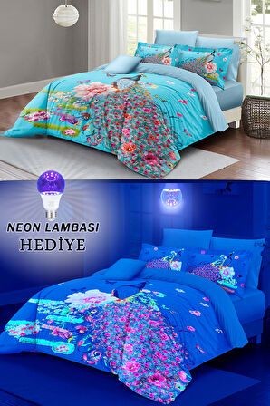 Neonlu Fosforlu Nevresim Takımı Çift Kişilik %100 Pamuk Saten Flowered peacock