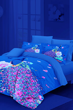 Neonlu Fosforlu Nevresim Takımı Çift Kişilik %100 Pamuk Saten Flowered peacock