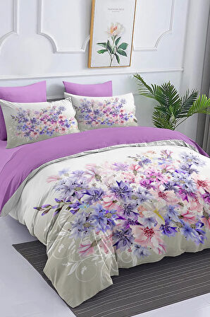 Çift Kişilik Nevresim %100 Pamuk Oeko-tex®Sertifikalı Özel Dokuma Lila Çiçekleri