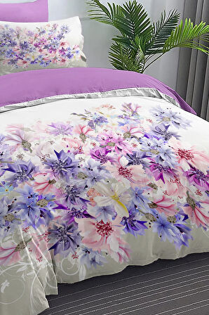 Çift Kişilik Nevresim %100 Pamuk Oeko-tex®Sertifikalı Özel Dokuma Lila Çiçekleri