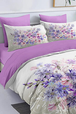 Çift Kişilik Nevresim %100 Pamuk Oeko-tex®Sertifikalı Özel Dokuma Lila Çiçekleri
