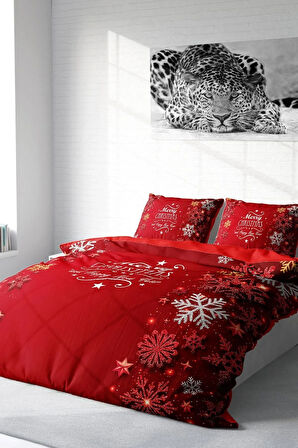 Yılbaşı Nevresim Takım %100 Doğal Pamuk Merry Christmas Çift Kişilik Snowflake
