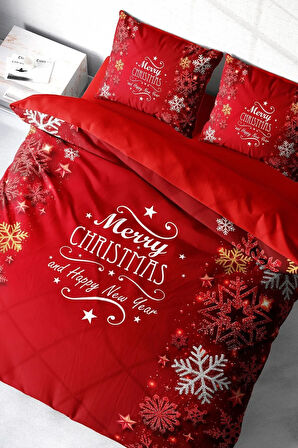 Yılbaşı Nevresim Takım %100 Doğal Pamuk Merry Christmas Çift Kişilik Snowflake