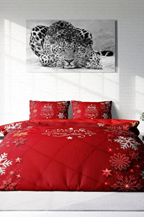 Yılbaşı Nevresim Takım %100 Doğal Pamuk Merry Christmas Çift Kişilik Snowflake
