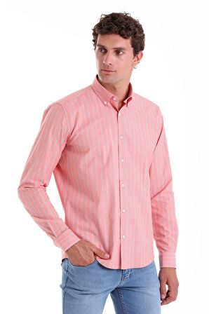 Turuncu Ç. Slim Fit Çizgili Slim Yaka Pamuklu Uzun Kollu Casual Gömlek