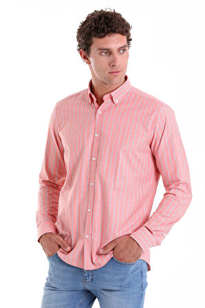 Turuncu Ç. Slim Fit Çizgili Slim Yaka Pamuklu Uzun Kollu Casual Gömlek