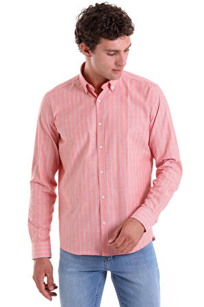 Turuncu Ç. Slim Fit Çizgili Slim Yaka Pamuklu Uzun Kollu Casual Gömlek