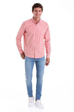 Turuncu Ç. Slim Fit Çizgili Slim Yaka Pamuklu Uzun Kollu Casual Gömlek