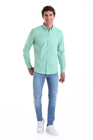 Yeşil Ç. 1 Slim Fit Çizgili Slim Yaka Pamuklu Uzun Kollu Casual Gömlek
