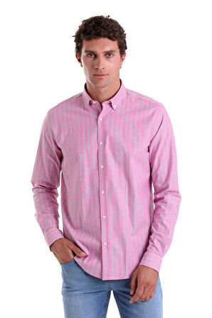 PEMBE Ç. Slim Fit Çizgili Slim Yaka Pamuklu Uzun Kollu Casual Gömlek