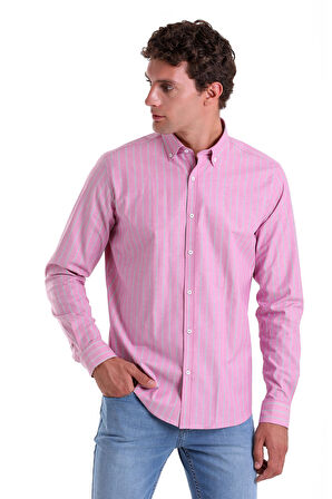 PEMBE Ç. Slim Fit Çizgili Slim Yaka Pamuklu Uzun Kollu Casual Gömlek