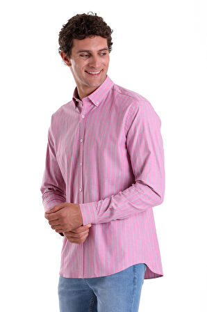 PEMBE Ç. Slim Fit Çizgili Slim Yaka Pamuklu Uzun Kollu Casual Gömlek