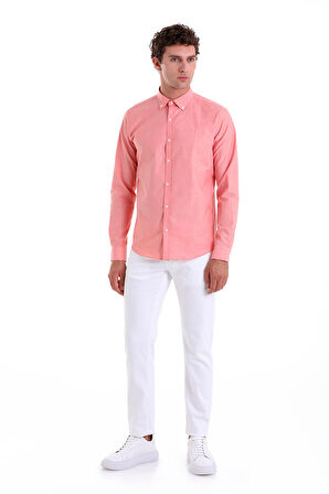 Turuncu Slim Fit Çizgili Slim Yaka 100% Pamuk Uzun Kollu Casual Gömlek