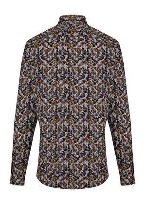 Kahverengi Modern Fit %100 Pamuk Desenli Gömlek | XS