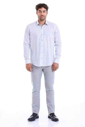 Erkek Gri %100 Pamuk Uzun Kollu Baskılı Comfort Fit Gömlek | XS