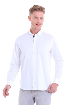 Beyaz 100% Pamuk Comfort Fit Düz Uzun Kollu Gömlek | L