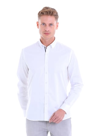 Beyaz 100% Pamuk Comfort Fit Düz Uzun Kollu Gömlek | XXL