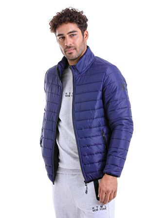 Erkek Lacivert Hakim Yaka Cesar Slim Fit Basic Şişme Mont | L