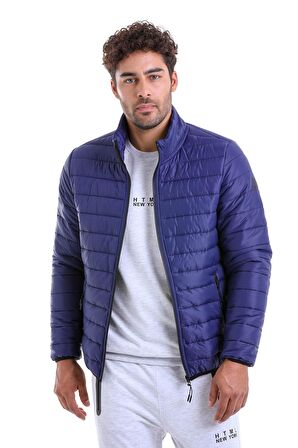 Erkek Lacivert Hakim Yaka Cesar Slim Fit Basic Şişme Mont | M