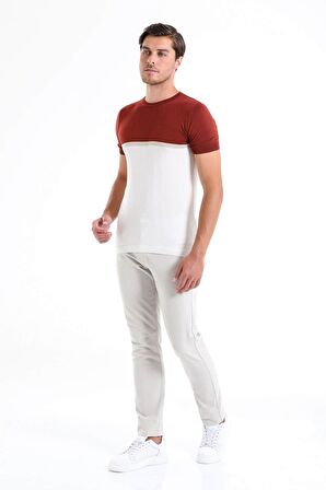 Kiremit Slim Fit Desenli Bisiklet Yaka Tişört | M