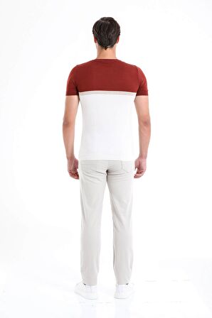 Kiremit Slim Fit Desenli Bisiklet Yaka Tişört | M
