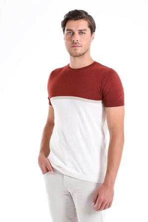 Kiremit Slim Fit Desenli Bisiklet Yaka Tişört | S