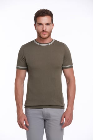 Haki Slim Fit Basic Bisiklet Yaka Triko Tişört | XL