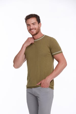 Yeşil Slim Fit Basic Bisiklet Yaka Triko Tişört | S