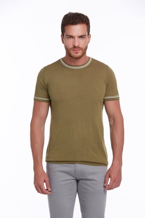 Yeşil Slim Fit Basic Bisiklet Yaka Triko Tişört | S