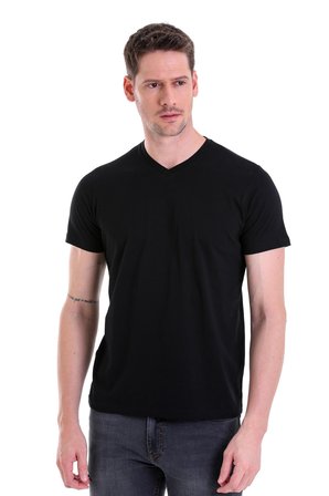 Siyah Düz Slim Fit 100% Pamuk V Yaka Tişört