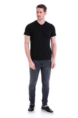 Siyah Düz Slim Fit 100% Pamuk V Yaka Tişört