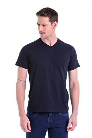 Lacivert Düz Slim Fit 100% Pamuk V Yaka Tişört