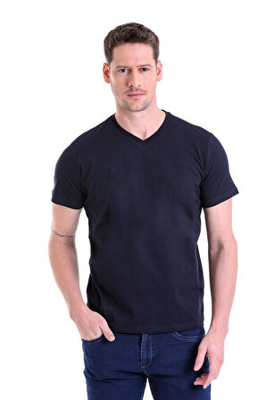 Lacivert Düz Slim Fit 100% Pamuk V Yaka Tişört