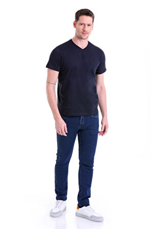 Lacivert Düz Slim Fit 100% Pamuk V Yaka Tişört