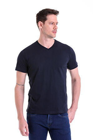 Lacivert Düz Slim Fit 100% Pamuk V Yaka Tişört