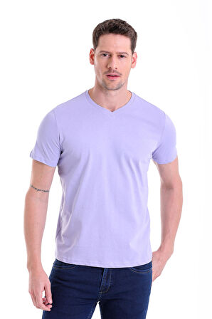 Lila Düz Slim Fit 100% Pamuk V Yaka Tişört