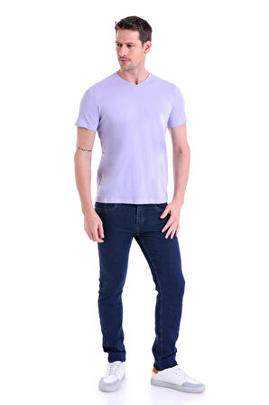 Lila Düz Slim Fit 100% Pamuk V Yaka Tişört
