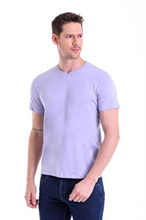 Lila Düz Slim Fit 100% Pamuk V Yaka Tişört