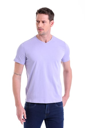 Lila Düz Slim Fit 100% Pamuk V Yaka Tişört