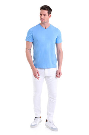Mavi Düz Slim Fit 100% Pamuk V Yaka Tişört