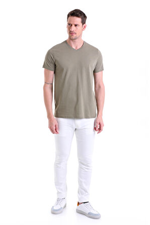 A. Haki Düz Slim Fit 100% Pamuk V Yaka Tişört