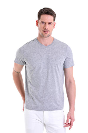 Gri Melanj Düz Slim Fit 100% Pamuk V Yaka Tişört