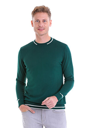 Petrol Regular Fit Çizgili Yün Bisiklet Yaka Triko Kazak | L