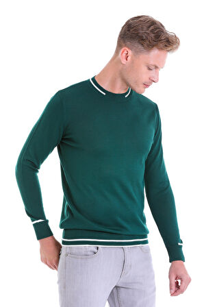 Petrol Regular Fit Çizgili Yün Bisiklet Yaka Triko Kazak | L