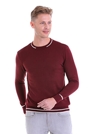 Bordo Regular Fit Çizgili Yün Bisiklet Yaka Triko Kazak | S