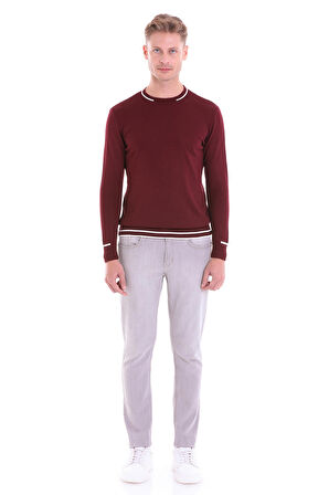 Bordo Regular Fit Çizgili Yün Bisiklet Yaka Triko Kazak | S