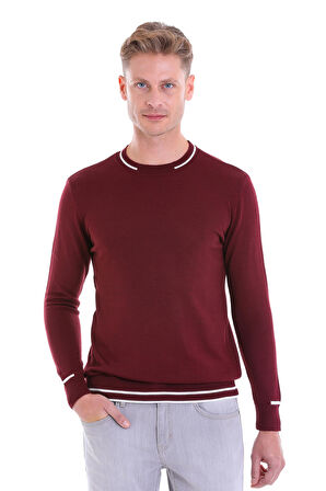 Bordo Regular Fit Çizgili Yün Bisiklet Yaka Triko Kazak | XXL